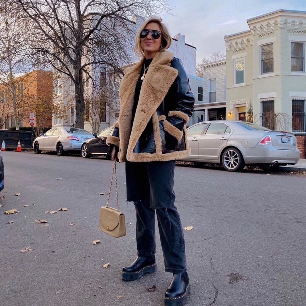 French Connection Black Leather Jacket with Tan Shearling